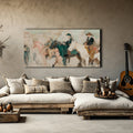 Painterly equestrian wall art styled in a light room with neutral furnishings