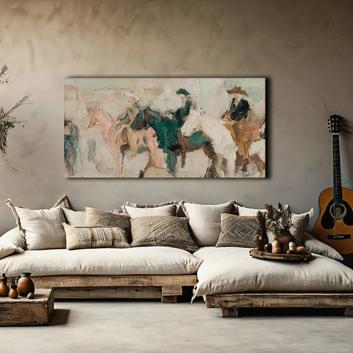 Painterly equestrian wall art styled in a light room with neutral furnishings