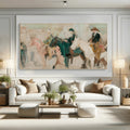 Abstract horse canvas centered above a bright living room sofa