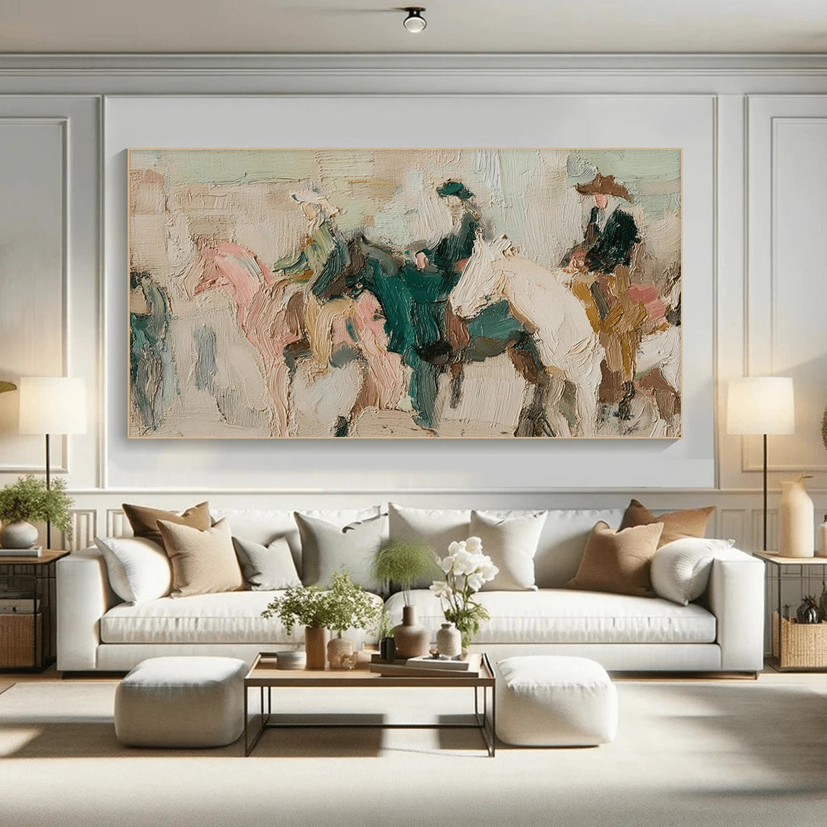 Abstract horse canvas centered above a bright living room sofa
