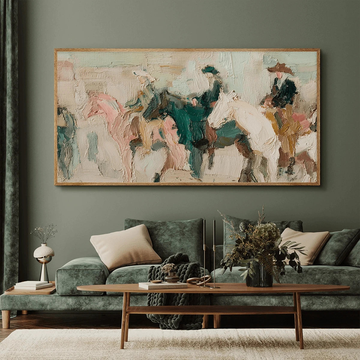 Textured abstract horse and rider canvas framed above a deep green sofa