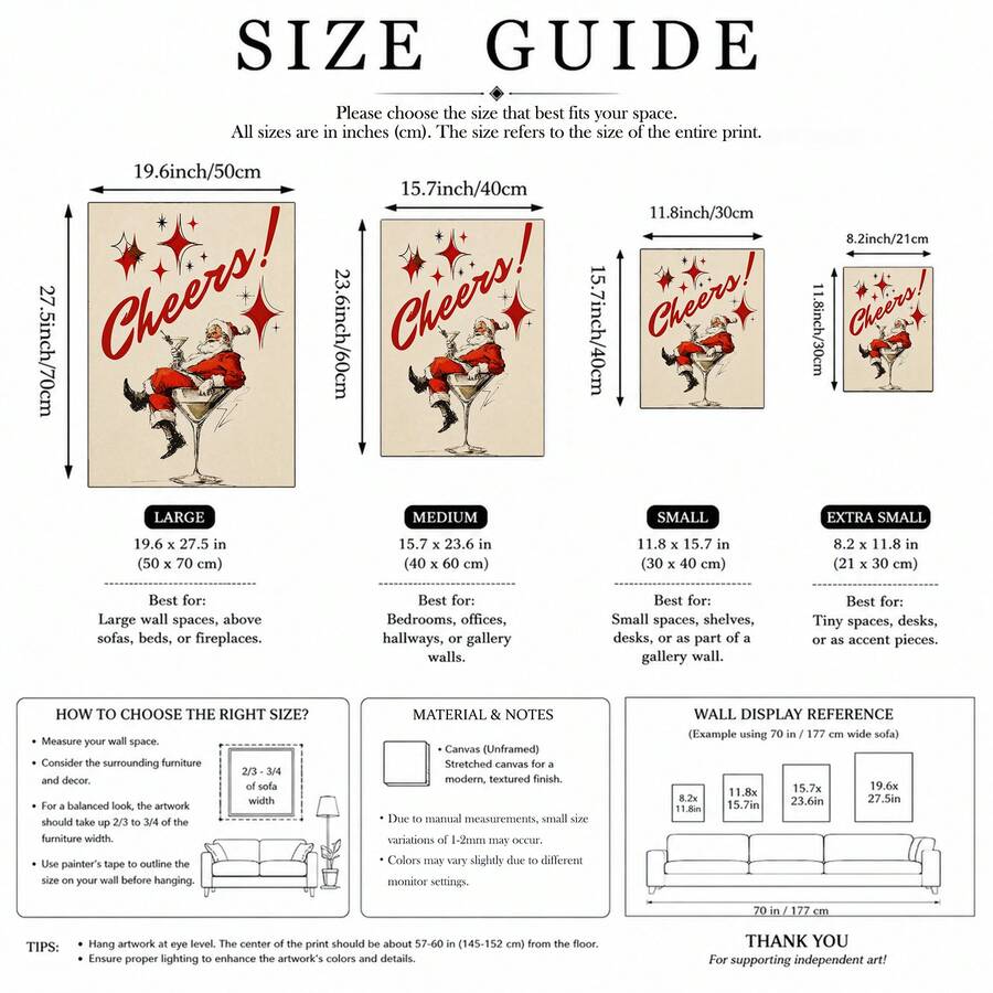 Canvas size guide showing four Santa Cheers poster dimensions and framed display options