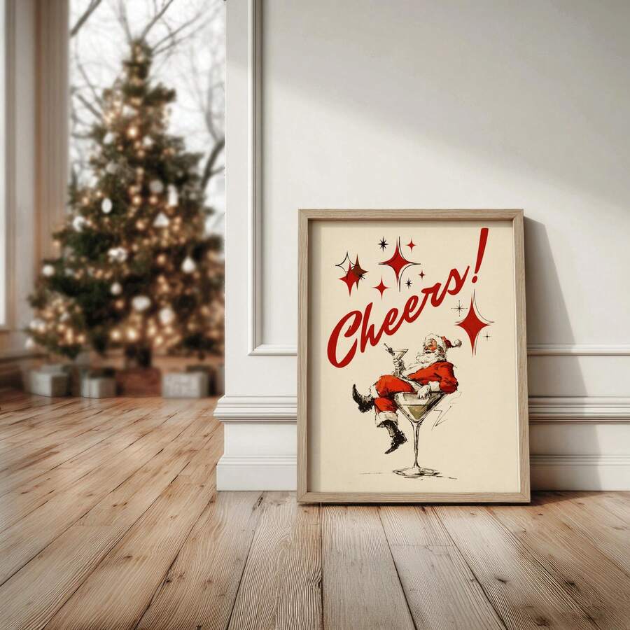 Framed retro Santa Cheers martini canvas with red lettering and starbursts on cream