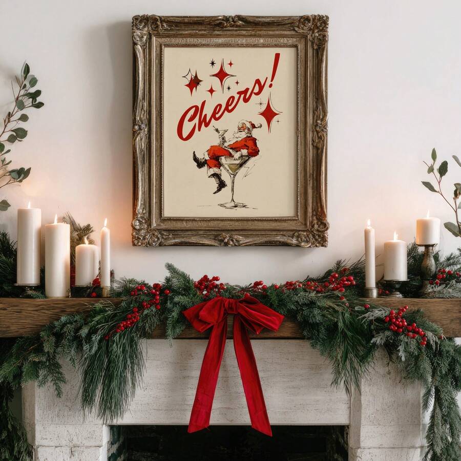 Vintage Santa in a martini glass artwork displayed above a candlelit evergreen mantel