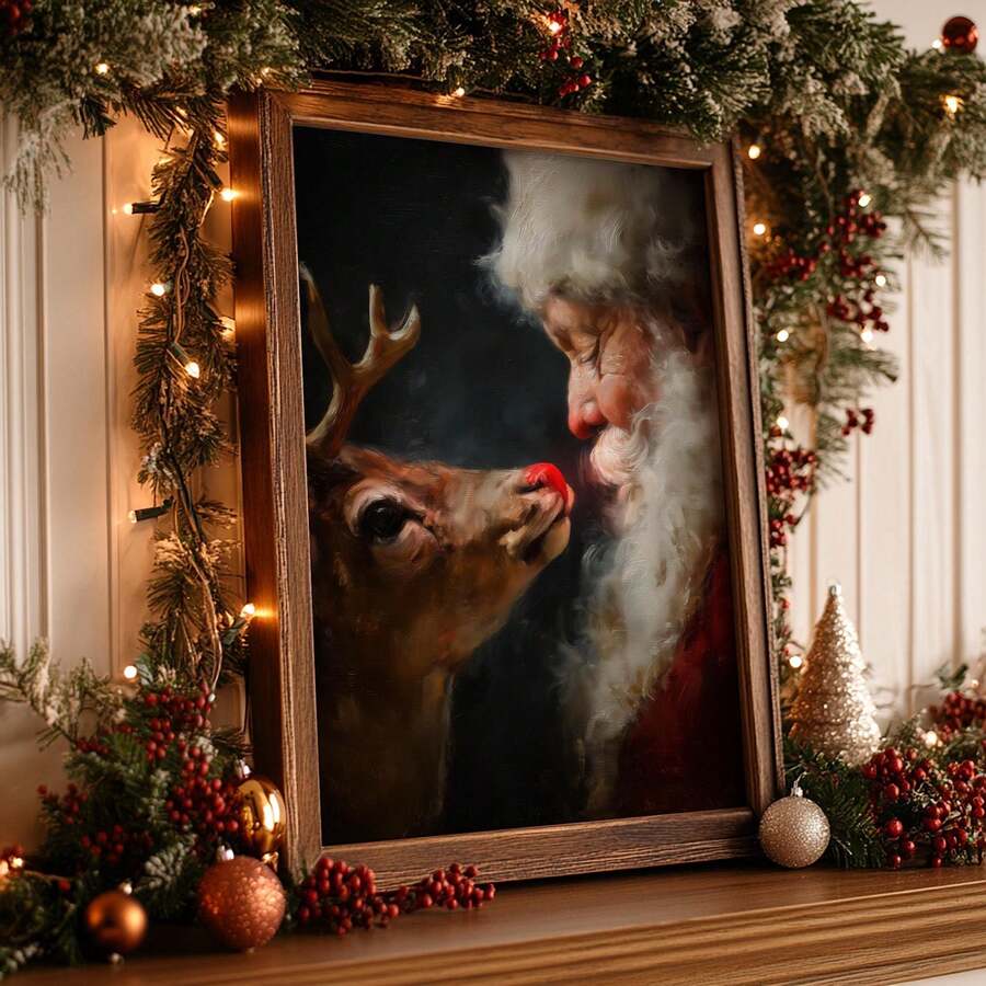 Framed canvas portrait of Santa leaning toward Rudolph against a dark background