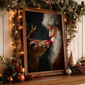 Santa and Rudolph canvas displayed on a Christmas mantel with evergreen garland and lights