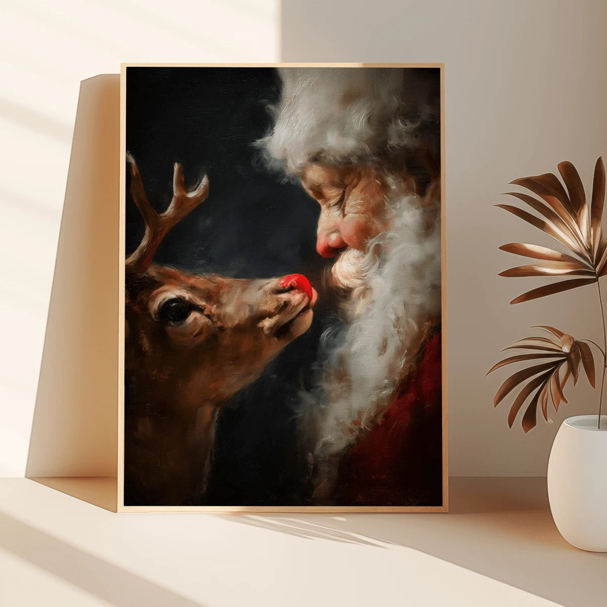 Framed close view of Santa greeting Rudolph in a neutral living space