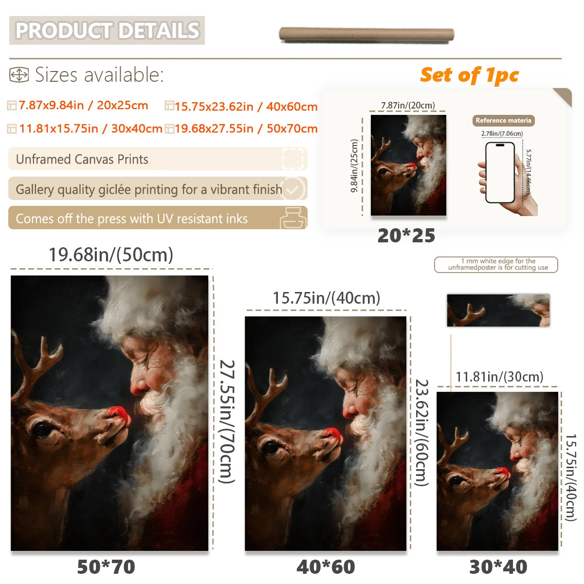 Size guide showing Santa and Rudolph canvas in several available dimensions