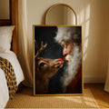 Gold-framed Santa and Rudolph artwork styled beside a bedroom bed