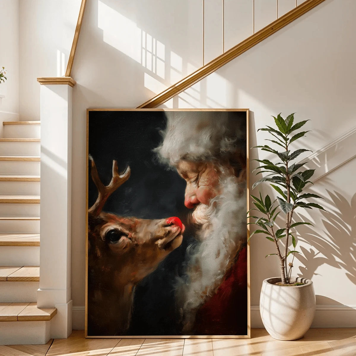 Santa and Rudolph canvas leaning beside a bright staircase and potted plant