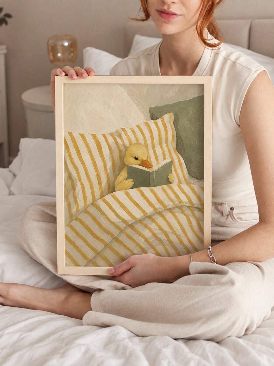 Cute Reading Yellow Duck Cartoon Canvas Poster 