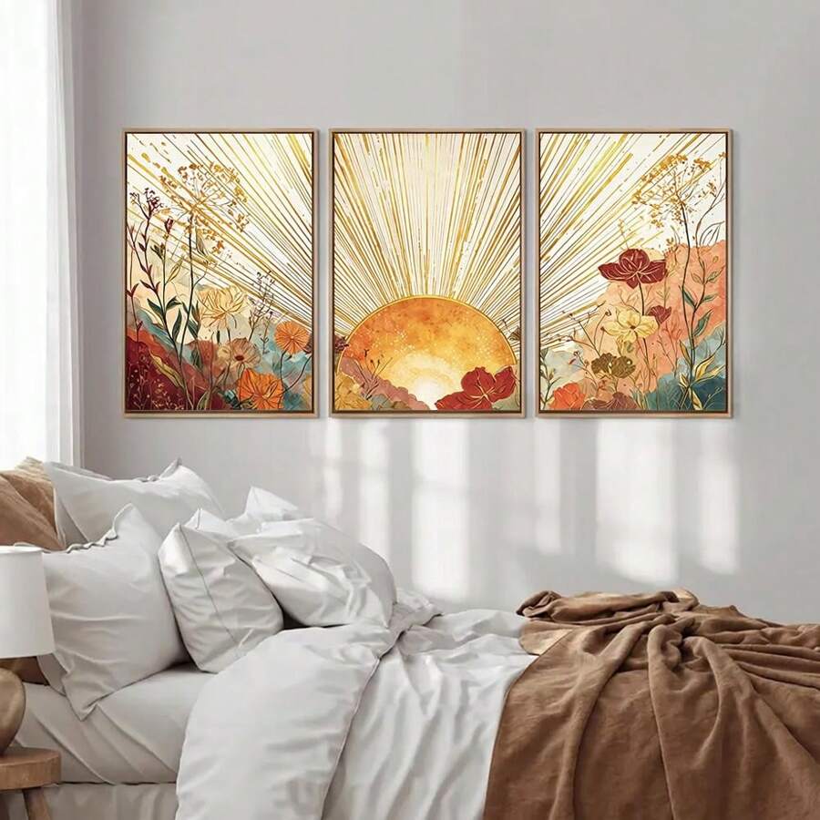 Boho Sun & Wild Floral Golden Rays Terracotta Canvas Poster Set 