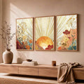 Boho Sun & Wild Floral Golden Rays Terracotta Canvas Poster Set 
