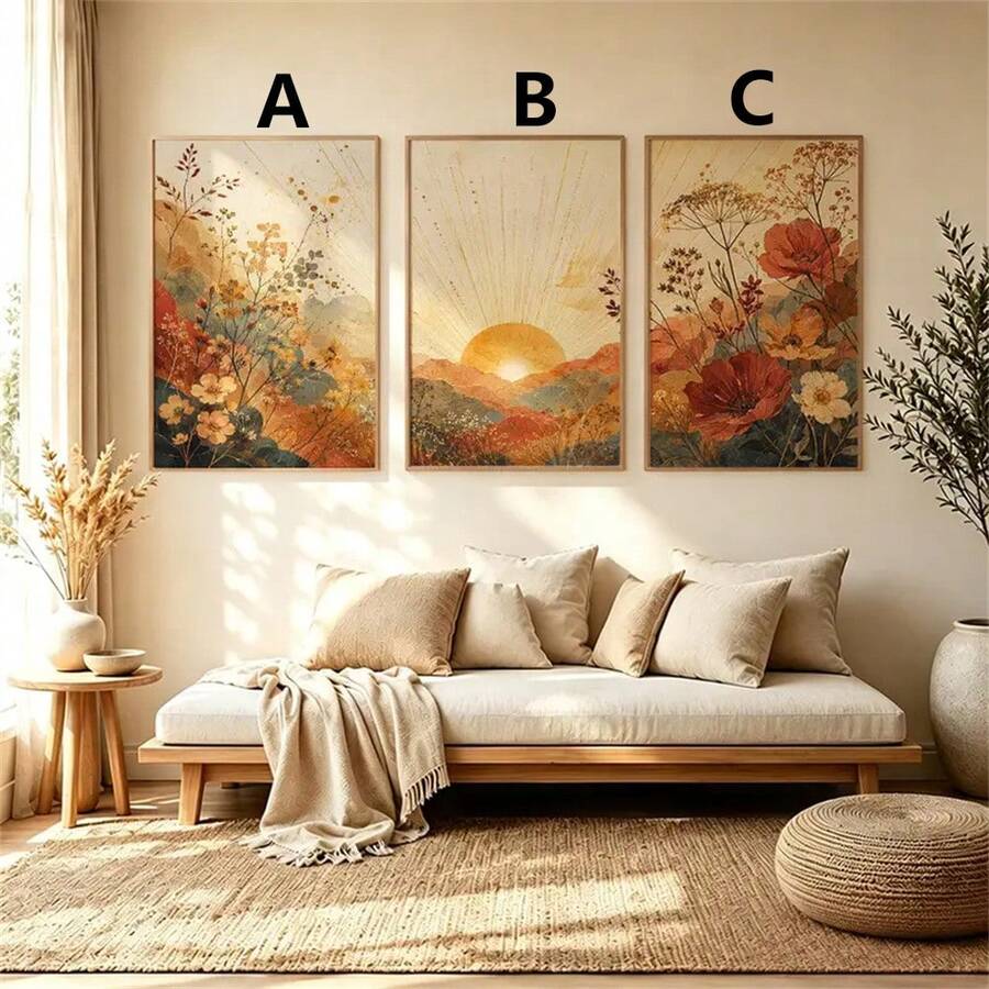 Botanical canvas size and panel guide showing A, B, and C designs