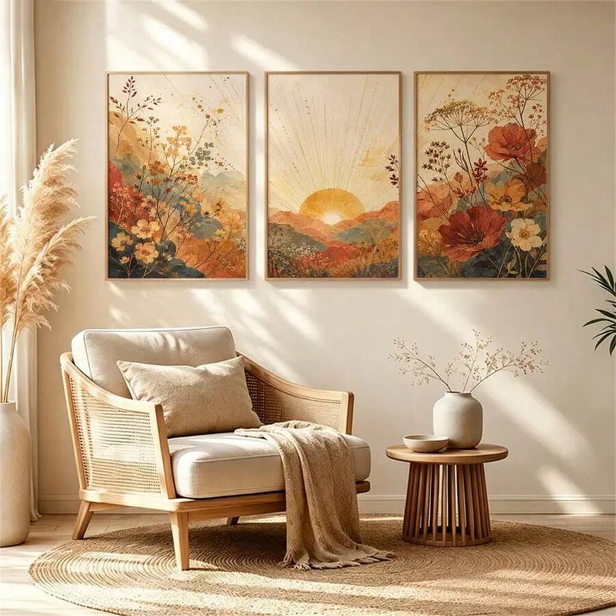 Framed botanical triptych with wildflowers and golden sunrise over layered hills