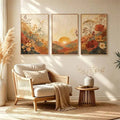 Modern boho wildflower canvas triptych above a relaxed reading chair