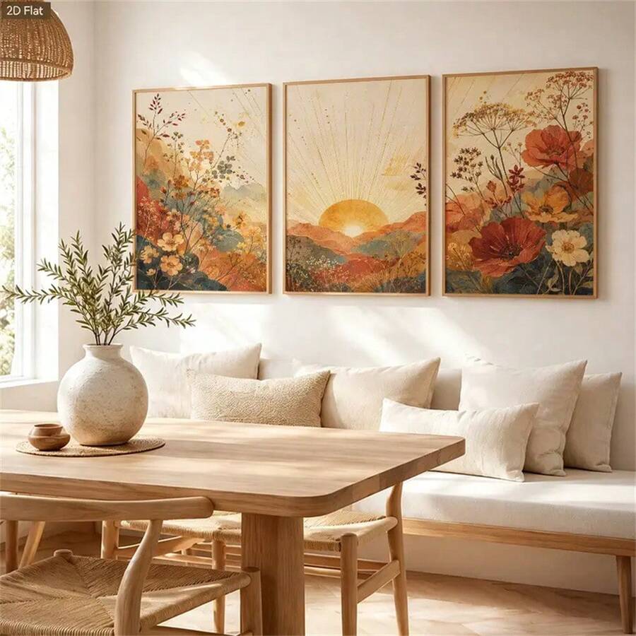 Framed wildflower landscape triptych above a dining table and sofa