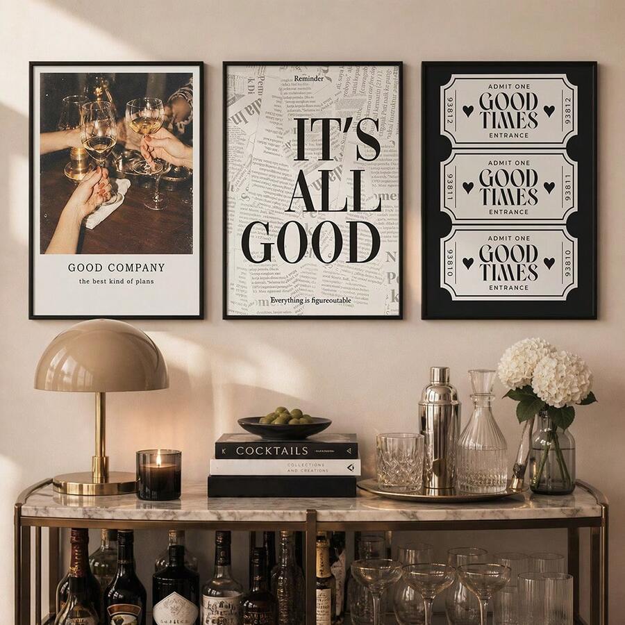 Black-framed trio of vintage newspaper quote and ticket poster prints above a console