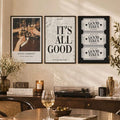 Three-print gallery wall with toast photo, It’s All Good newspaper art, and ticket stubs