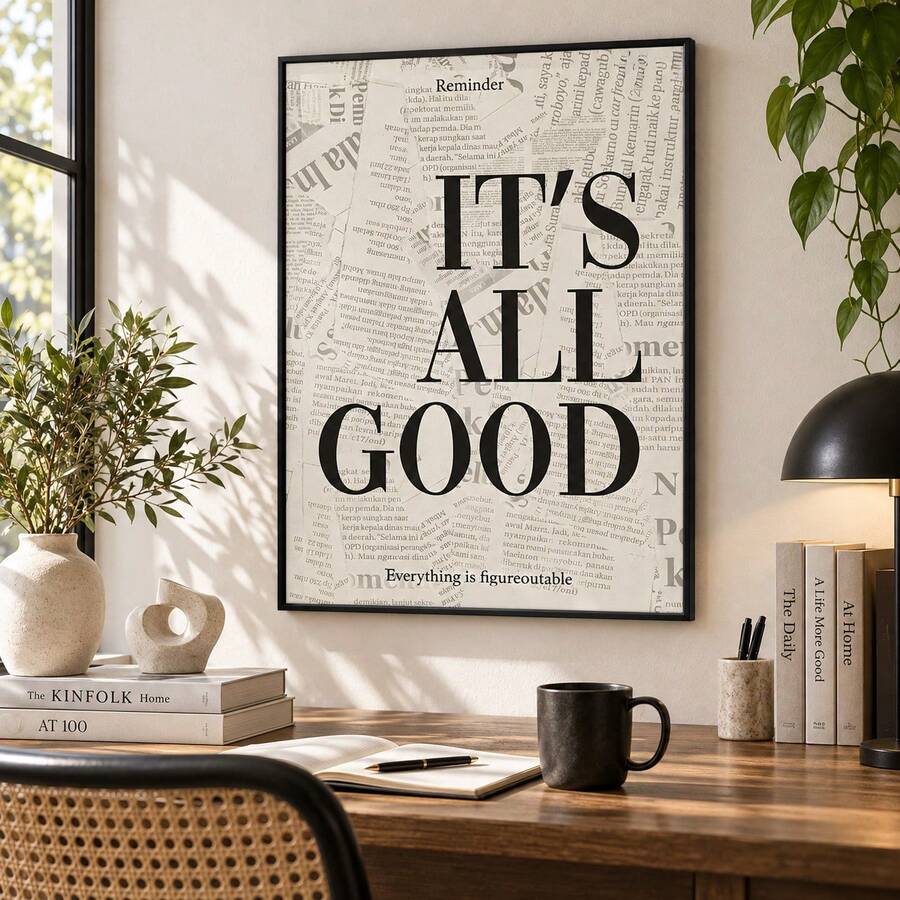 Newspaper collage poster with bold It’s All Good typography styled above a desk