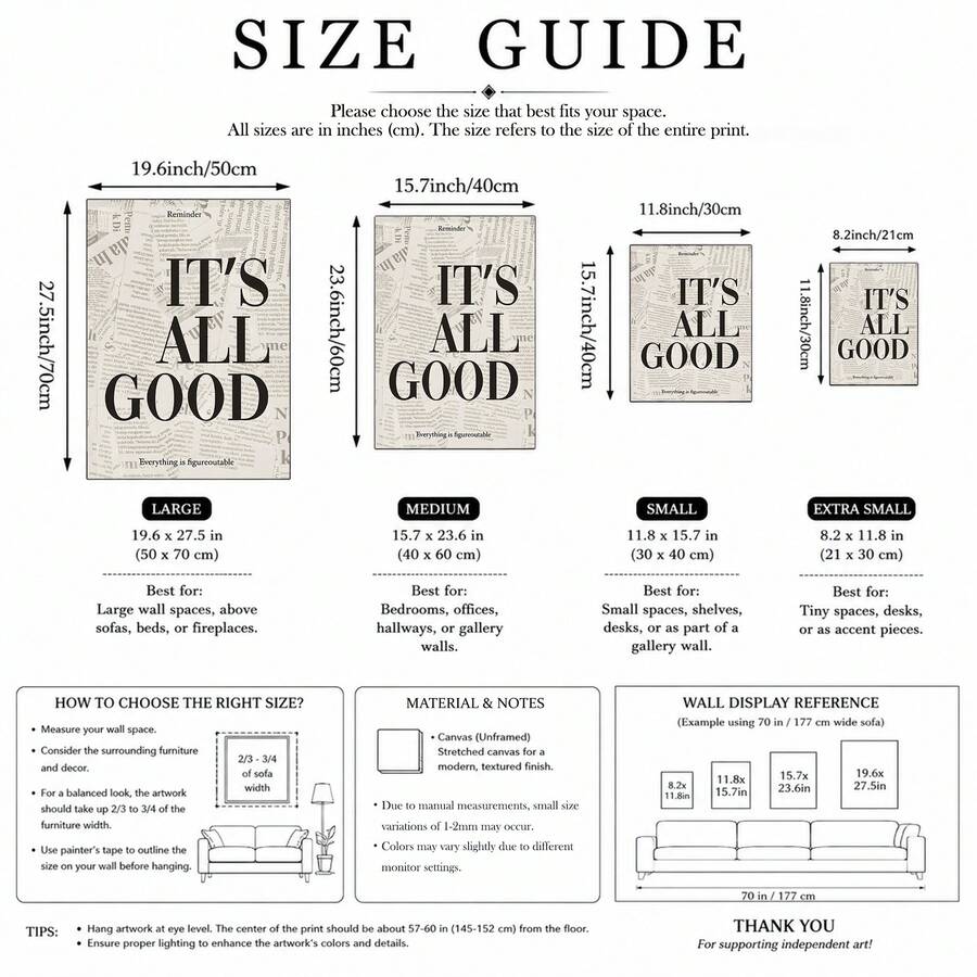 Poster size guide comparing four unframed canvas dimensions from 21 by 30 to 50 by 70 centimeters