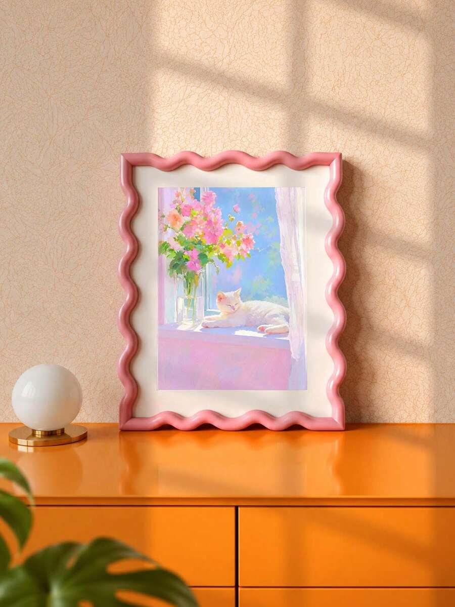 Window White Cat & Pink Flowers Soft Pastel Canvas Poster 