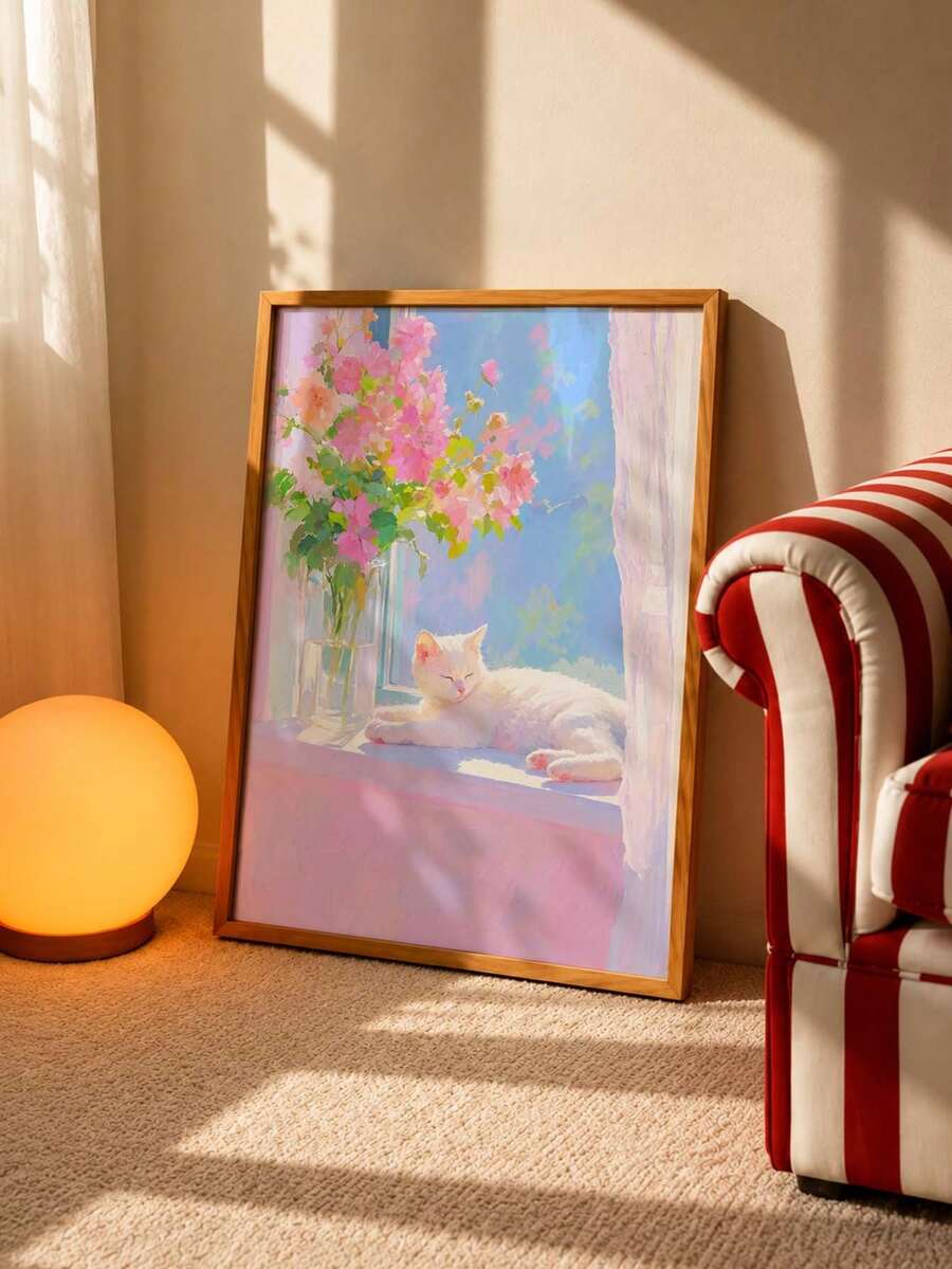 Window White Cat & Pink Flowers Soft Pastel Canvas Poster 