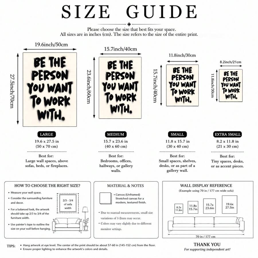 Size guide showing four dimensions for the motivational canvas poster