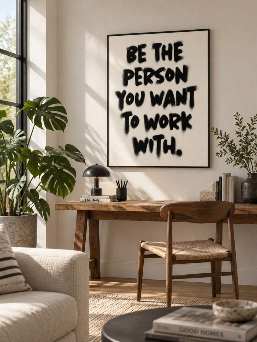 Minimalist black lettering canvas displayed over a wooden desk and chair