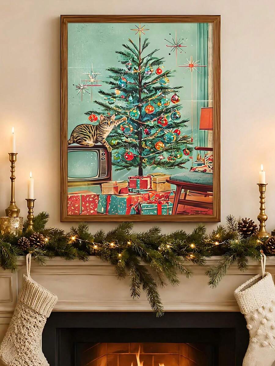 Mid-Century Retro Christmas Cat & Santa Canvas Poster