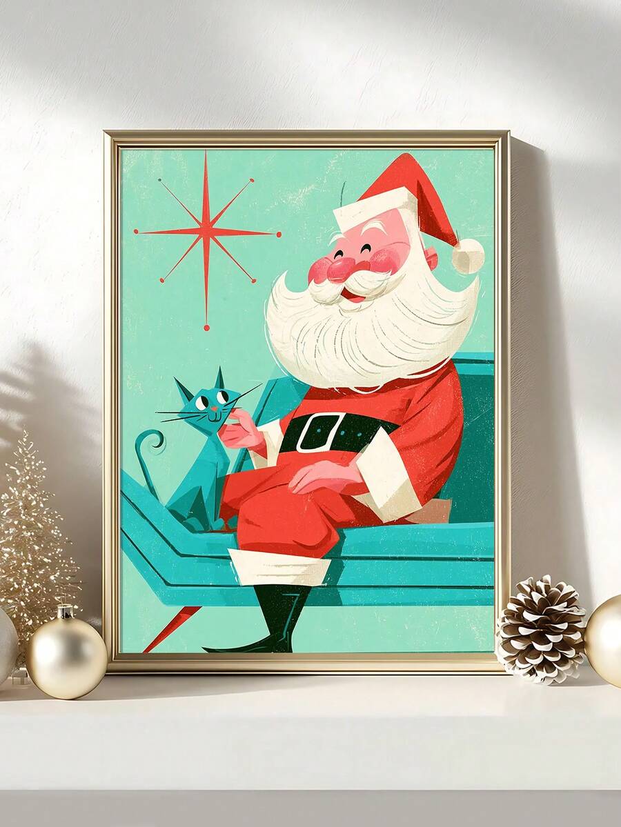 Mid-Century Retro Christmas Cat & Santa Canvas Poster