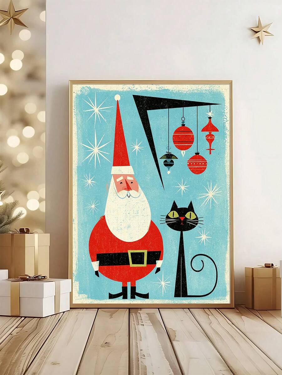 Mid-Century Retro Christmas Cat & Santa Canvas Poster