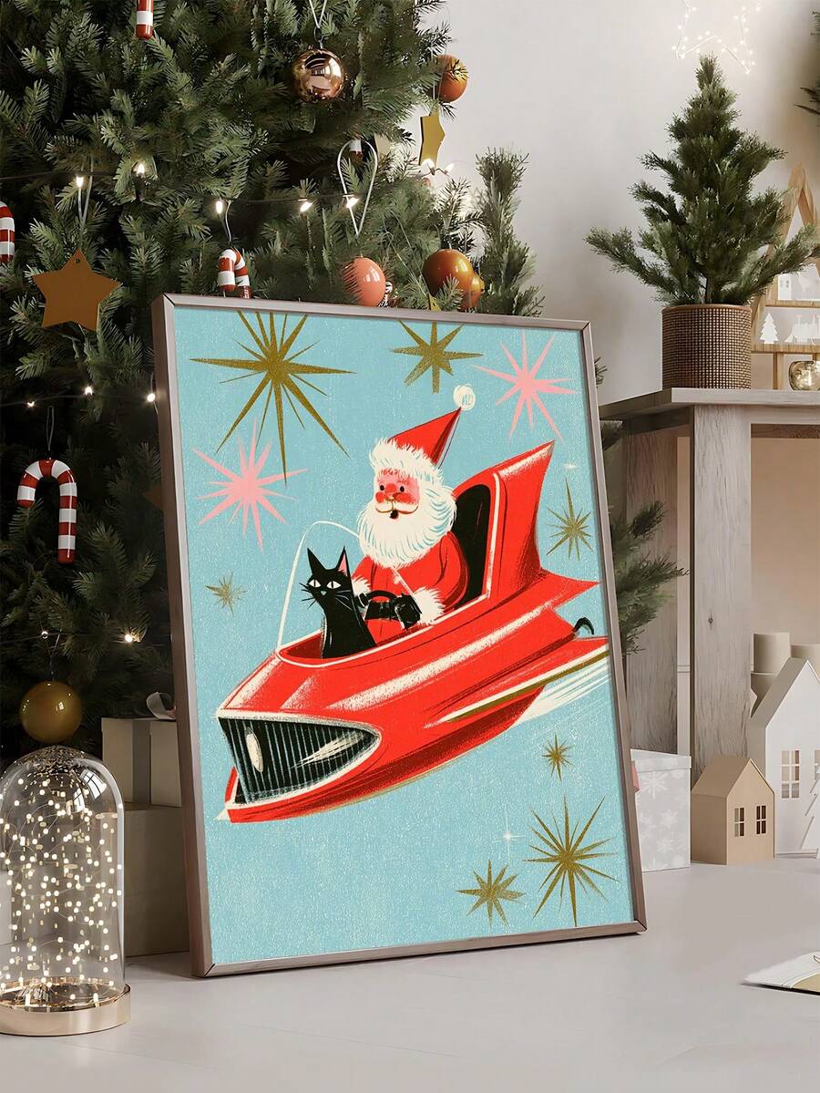 Mid-Century Retro Christmas Cat & Santa Canvas Poster