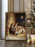 Framed donkey print in winter room with gifts