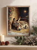 Framed resting donkey under starry sky in a stable