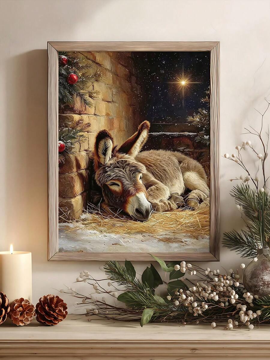 Framed resting donkey under starry sky in a stable