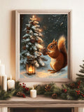 Framed red squirrel holding pinecone by snowy tree
