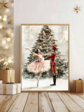 Wood framed ballerina and nutcracker print above a fireplace with Christmas greenery