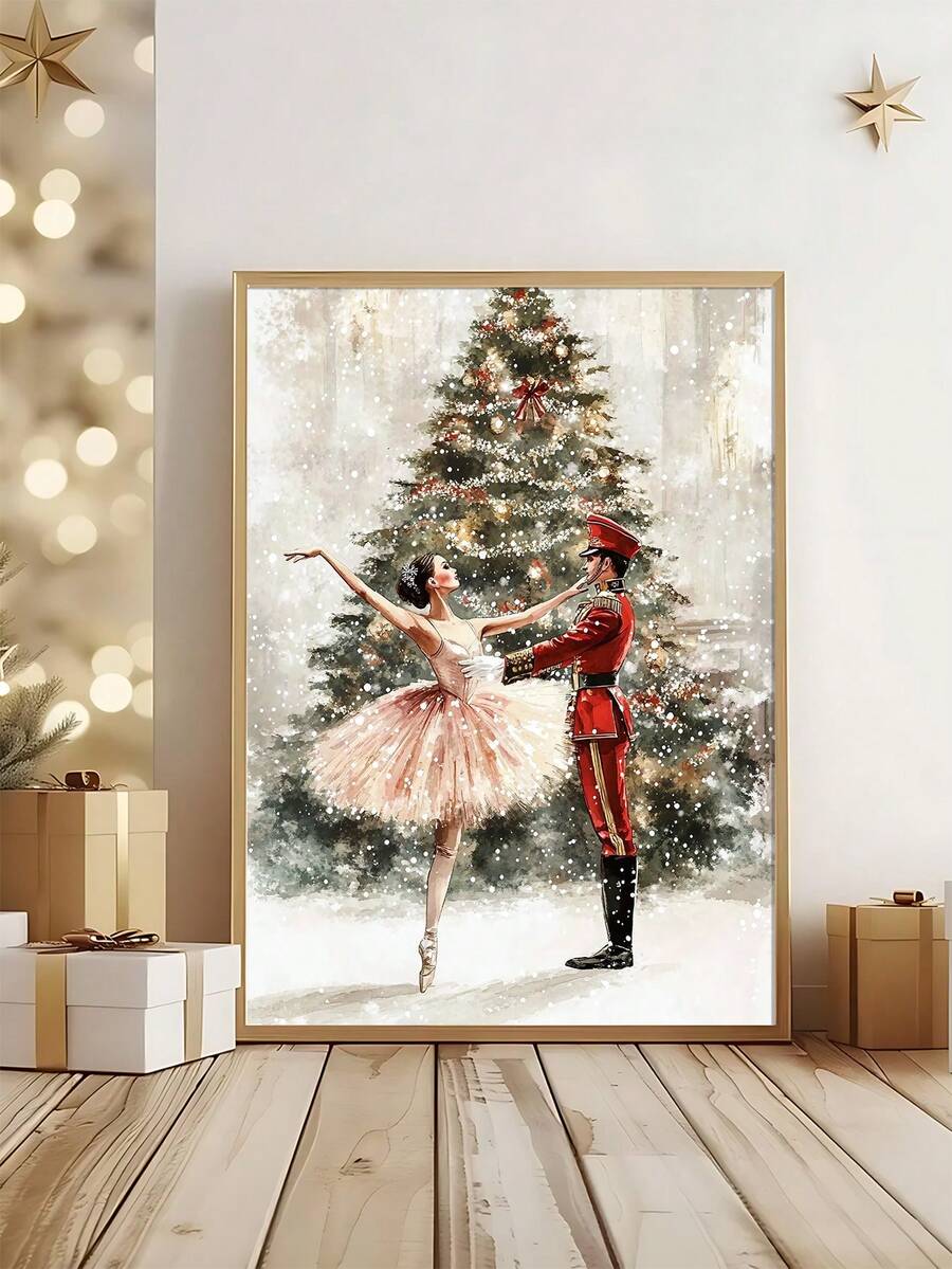 Wood framed ballerina and nutcracker print above a fireplace with Christmas greenery