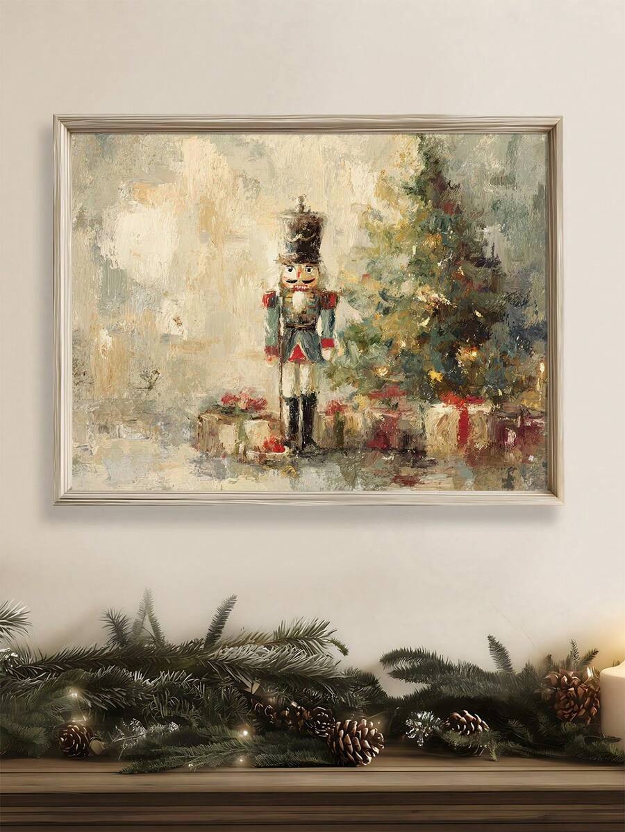 Nutcracker with festive presents and evergreen branches in a light framed canvas
