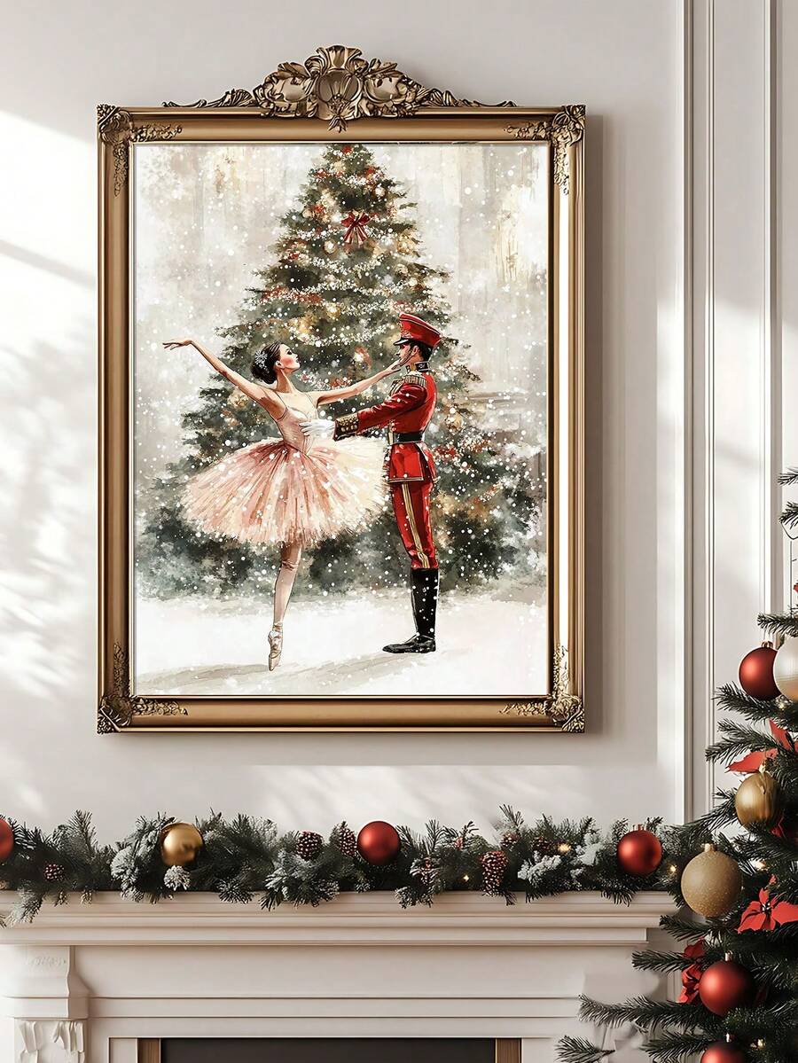 Gold framed ballerina dancing with a nutcracker in front of snowy evergreen tree