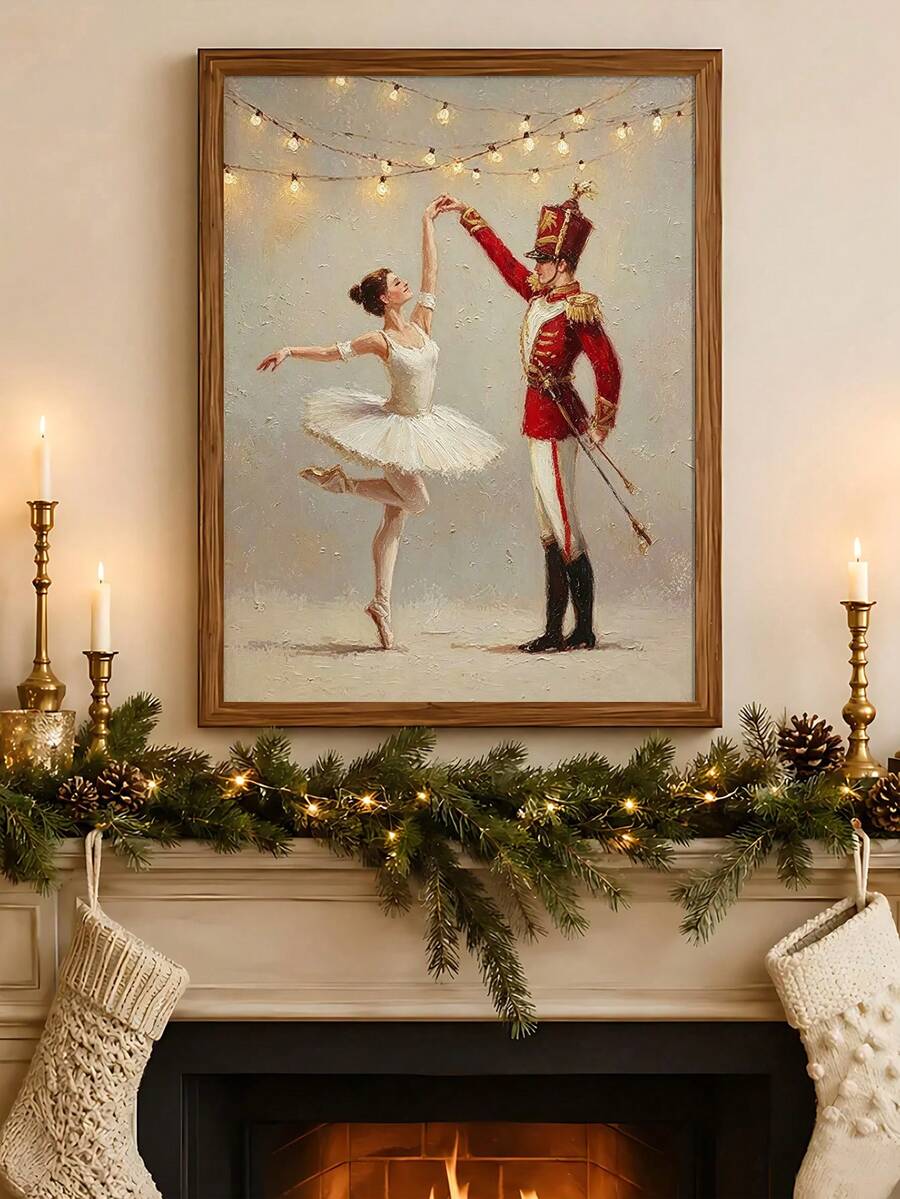 Ballerina and nutcracker holiday art displayed above a candlelit garland mantel