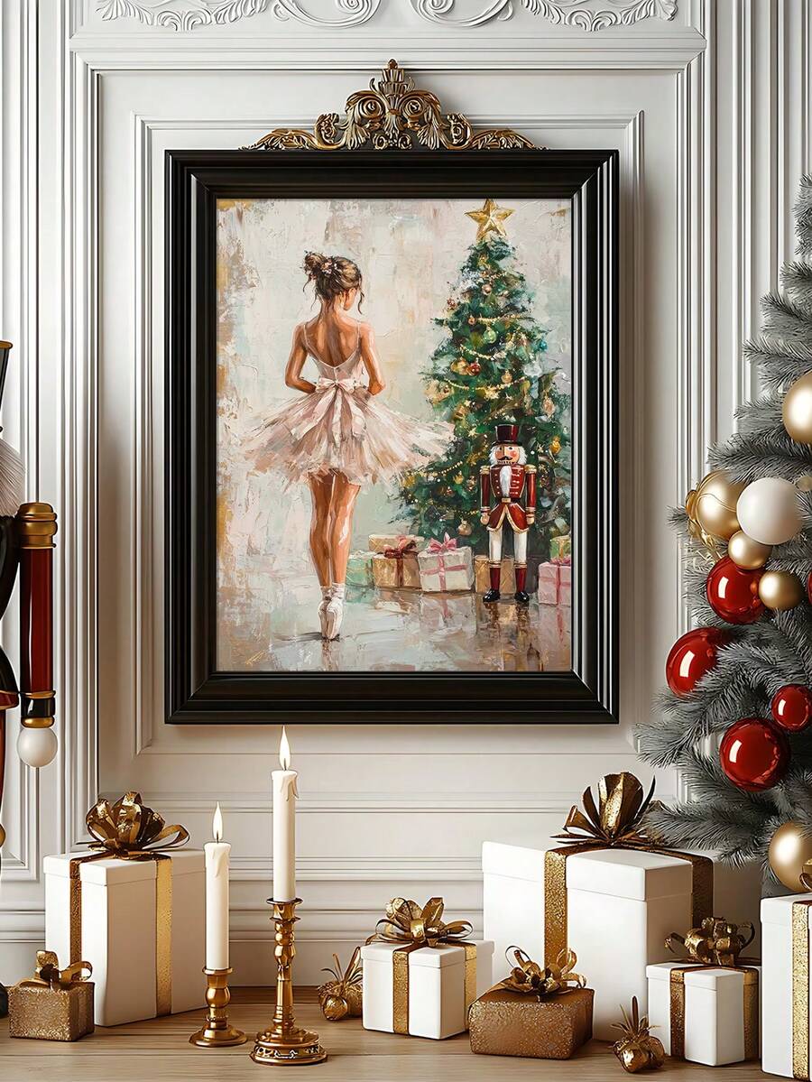 Framed ballerina and red nutcracker dancing beneath warm lights on a decorated mantel