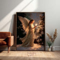 Framed angel poster in a bright living room with rust-colored chair