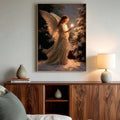 Angel wall art above a bedroom console with warm lamp