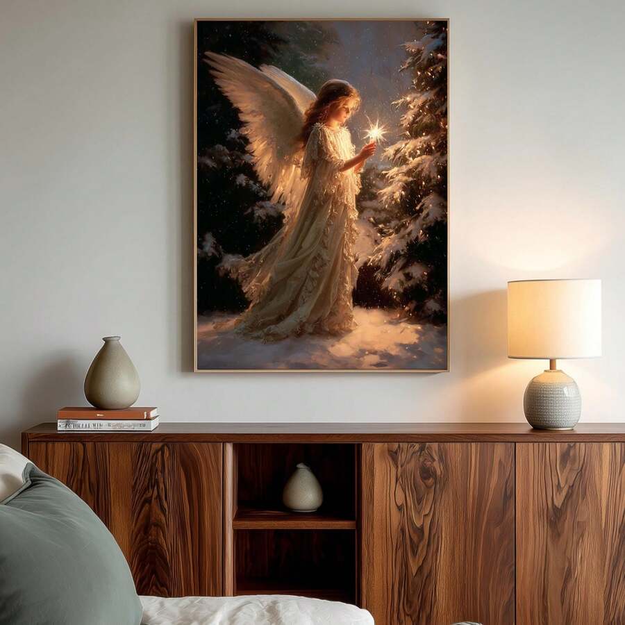 Angel wall art above a bedroom console with warm lamp