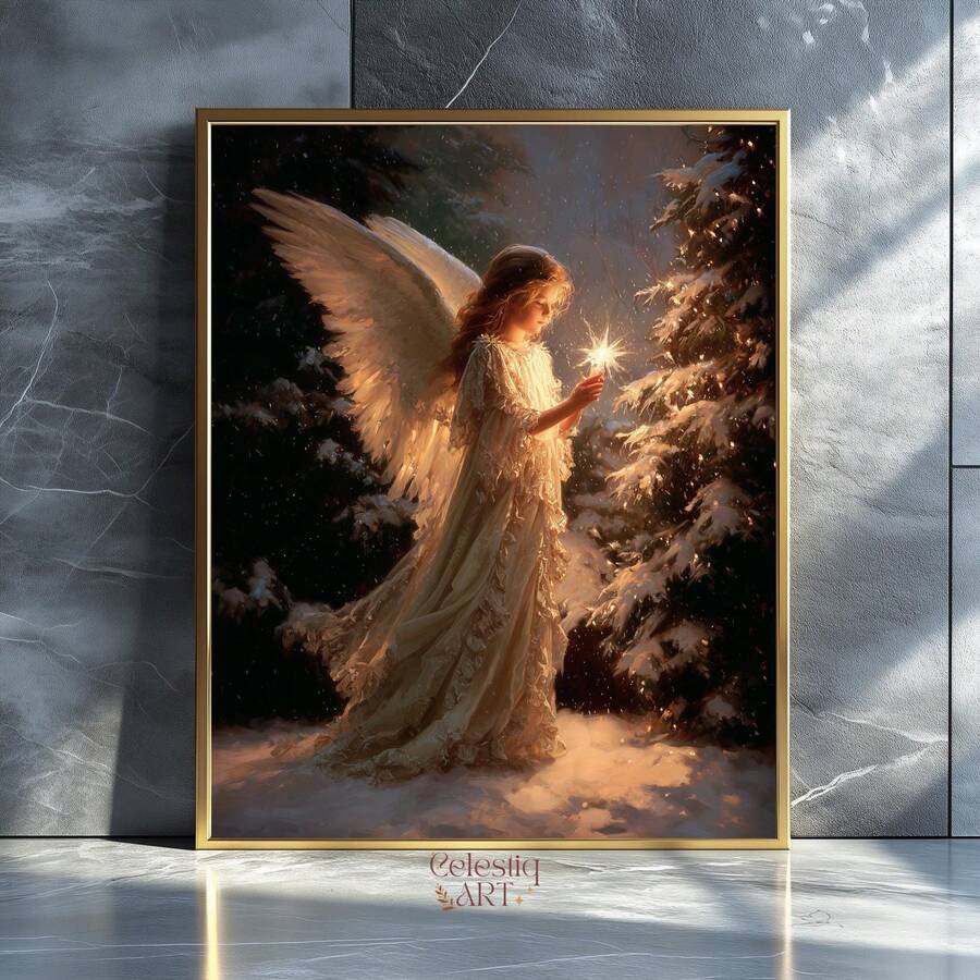 Gold-framed snowy forest angel canvas against a cool grey wall