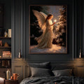 Snowy evergreen angel poster displayed in a dark, cozy bedroom