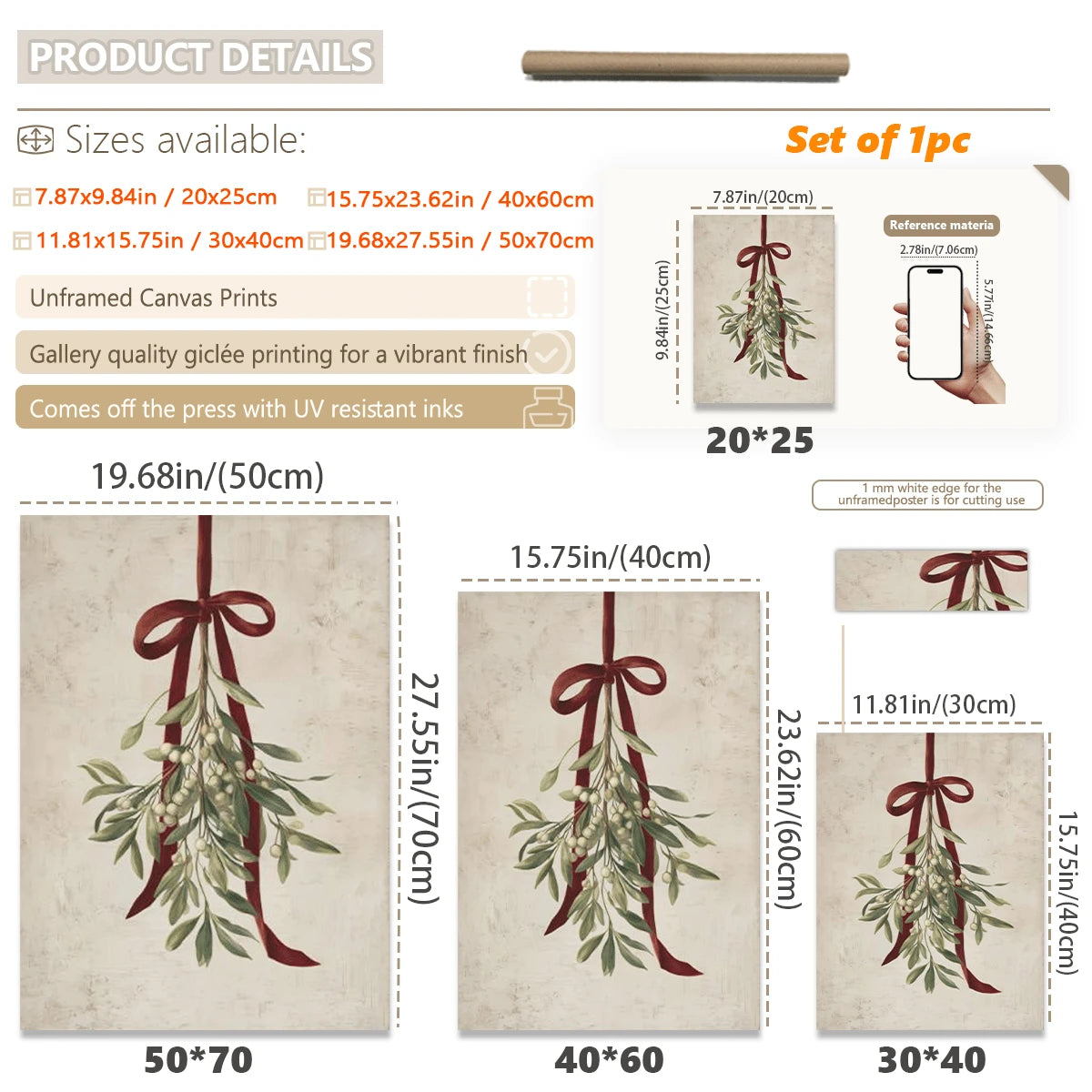 Vintage Christmas Mistletoe & Red Ribbon Winter Holiday Canvas Poster