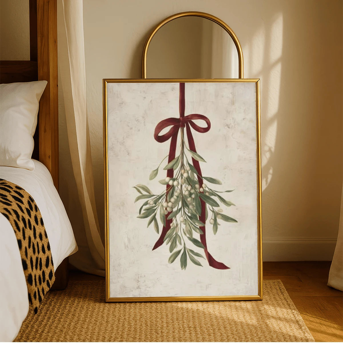 Vintage Christmas Mistletoe & Red Ribbon Winter Holiday Canvas Poster